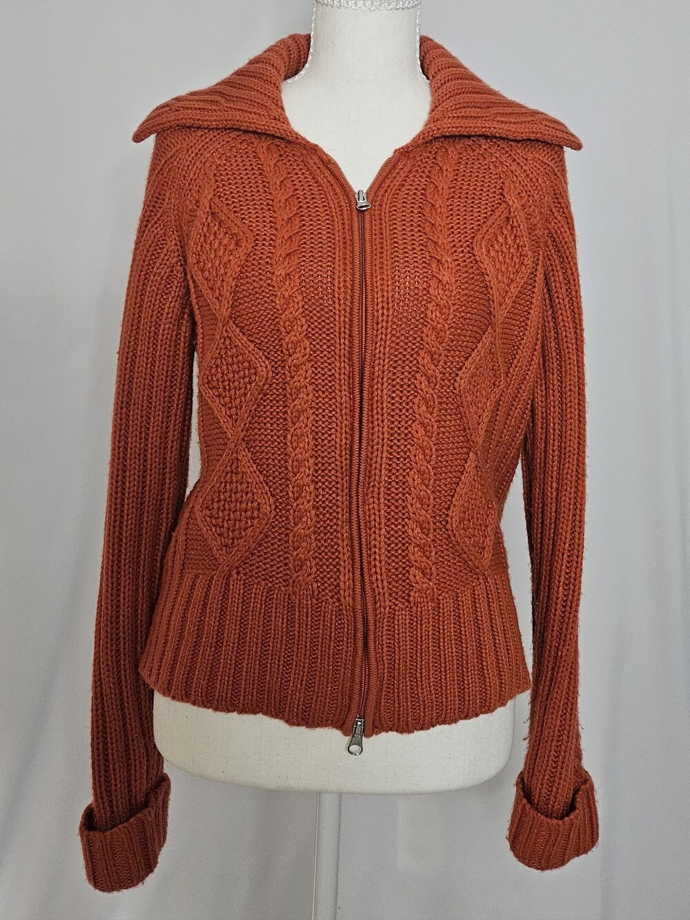 St Johns Bay Rust Orange Cable Knit Full Zip Cardigan Sweater Size Medium